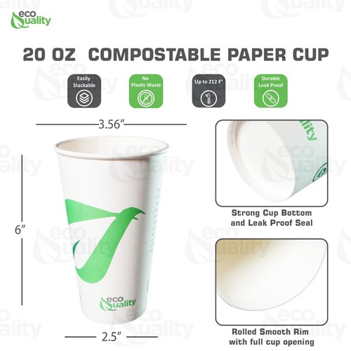 20oz Compostable Biodegradable Disposable White Paper Hot Cold Coffee Cups 300pc - Picture 4 of 7