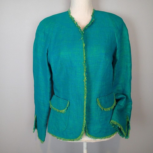 Anne Klein Women's Fringe Tweed Jacket,teal blue green blazer sz 6 linen open