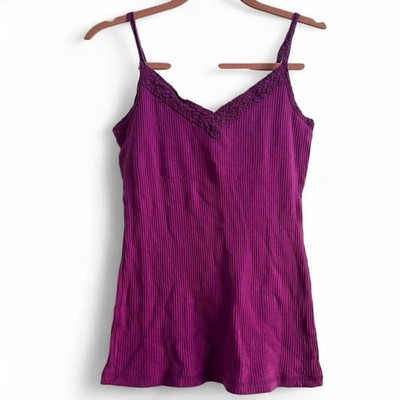 Energie Y2K Lace Trim Cami Ribbed Purple Cotton Dainty Romantic Layering Sz L