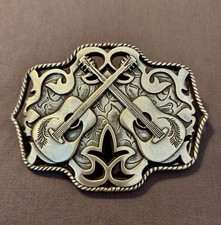 Dueling Guitars Pewter Western Music Belt Buckle Excellent Condition