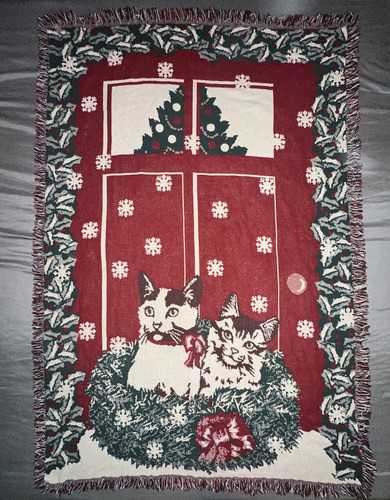 Vintage Christmas Cats Winter Throw Cotton Blanket Tapestry 49" X 72" Heavy - Picture 1 of 4