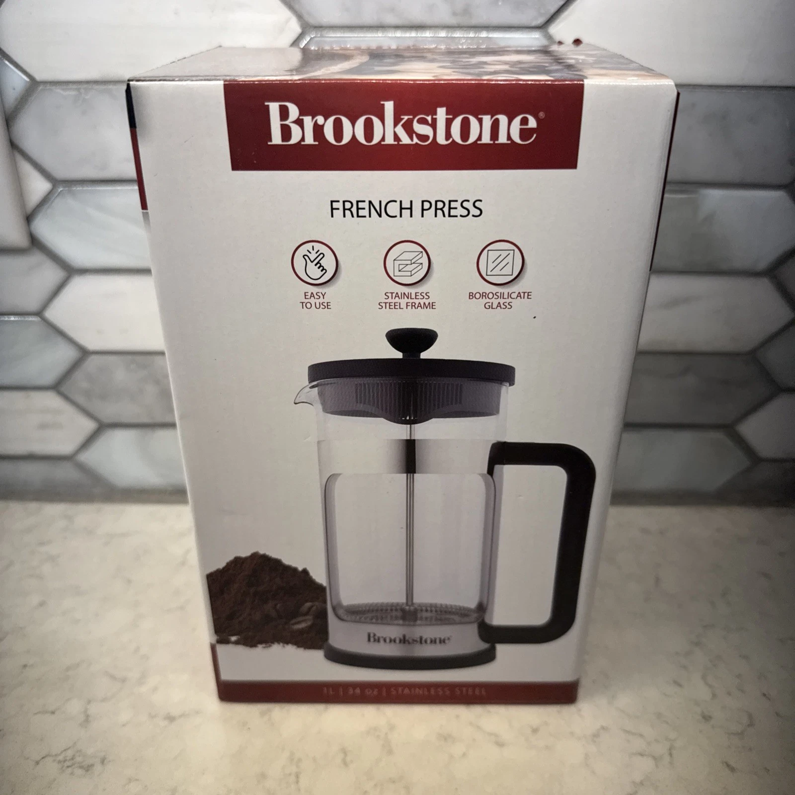 Brookstone French Press, Stainless Steel, 1L/34oz, Borosilicate Glass
