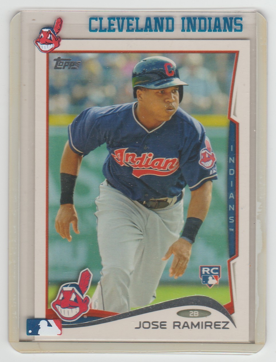 JOSE RAMIREZ 2014 Topps Rookie Card #424 SP RC w/ VINTAGE "Indians" Top-Load