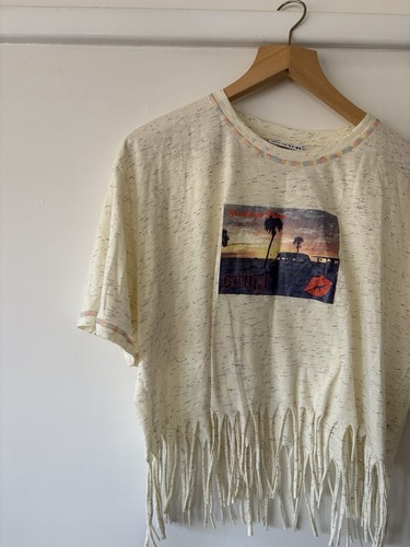 Ganni Fringed Cropped Logo Band New T Shirt size L 12 (10/12/M) Holiday Cotton