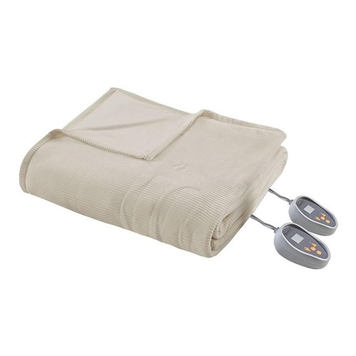 Pemberly Row Polyester Knitted Micro Fleece Textured Heated Blanket - Beige - Bild 1 von 4