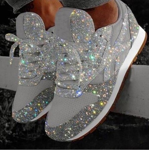 UK Womens Flat Glitter Sparkly Casual Plimsoles Lace upTrainers Shoes FAST SHIP~ - Picture 5 of 13