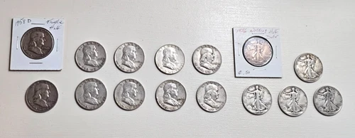 Ben Franklin/ Walking Liberty Half Dollar Lot (15)