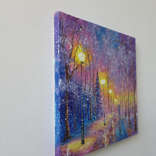 Original Oil Winter Landscape Painting Snow Park Alley Evening Scene - Picture 12 of 24