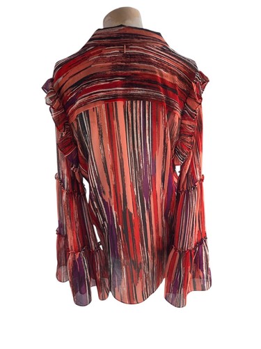 MISA LOS ANGELES STRIPED CHIFFON RUFFLE TRIMMED BELL SLEEVE BLOUSE Mediun - Picture 6 of 8