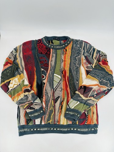 Pull vintage coton commerçant style Coogi tricot 3D vibrant rétro homme taille XL