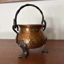 Vintage Hammered Copper Cauldron Pot Footed Made in Germany Wrought Iron Handle