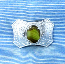 Western Scroll Belt Buckle Swirly Yellow Green Agate Mount Vtg 70s 80s  .TYC864