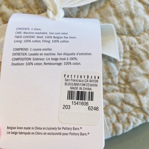 Pottery Barn Belgisches Flachs Leinen Blumennähte gesteppt Schein Standard Natur Neu mit Etikett - Bild 3 von 4