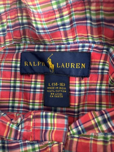 Ralph Lauren Boys Red Pink Multi Color Plaid Cotton Button Down Shirt Size L - Picture 3 of 4