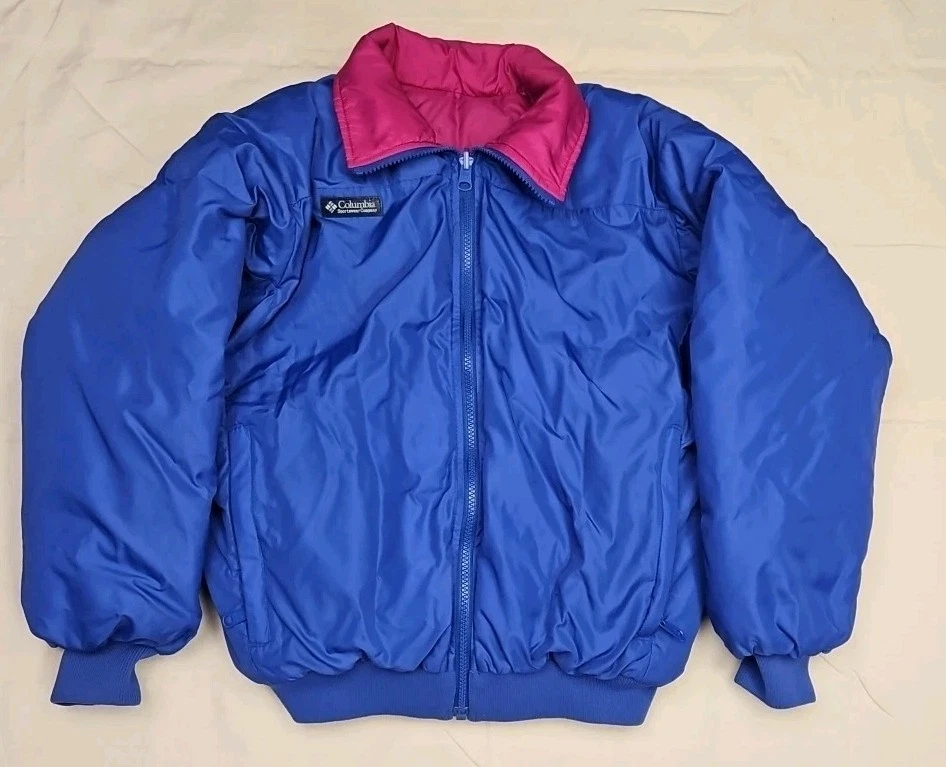 VTG 90s Columbia Wm S Reversible Duck Down Blue/Fushia Puffer Coat Radial Sleeve