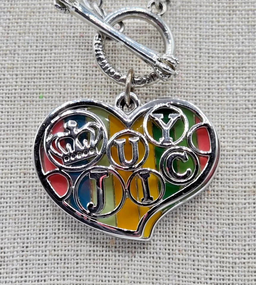 Juicy Couture Rainbow Enamel Heart Toggle Necklace JC Crown Logo Y2K Chunky Chai - Image 4 of 4