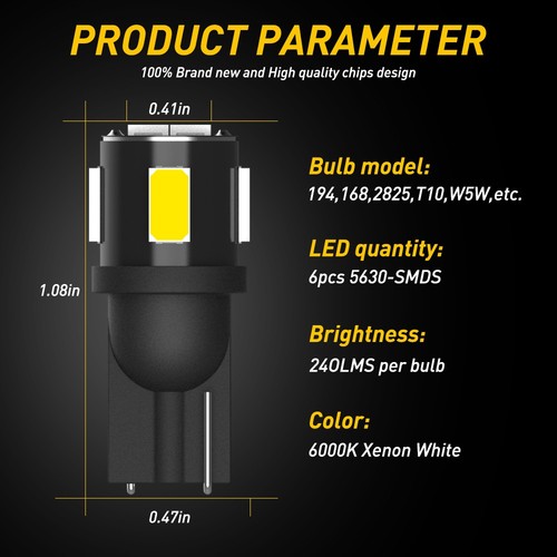 T10 6-LED License Plate Light Bulbs 6000K Bright White 168 2825 194 Canbus - Imagen 7 de 22