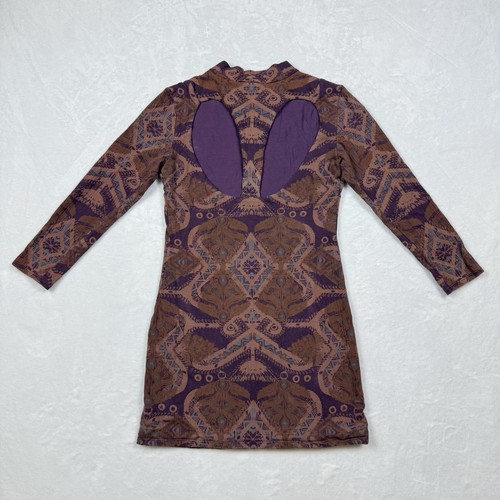 Free People Top XS Tunic Boho Stretch Cut Out Batik Purple Brown Mock Neck India - Picture 16 of 24