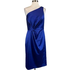 Alex Evenings Women's Cocktail Dress Size 14 Blue Satin One Shoulder Midi Sheath