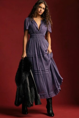 Anthropologie The Somerset Maxi Dress Lurex Edition Metallic Marin Navy S NEW - Picture 2 of 8