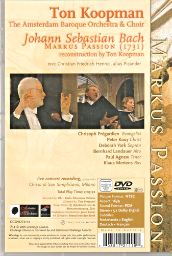 TON KOOPMAN: BACH's MARKUS PASSION: THE AMSTERDAM BAROQUE ORCHESTRA & CHOIR DVD - Picture 2 of 2