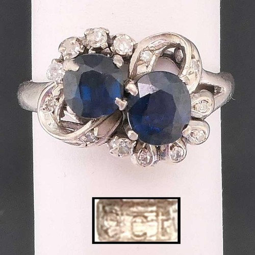 Fancy 1950's Solid 9k White GOLD 2 SAPPHIRE & 13 DIAMOND CLUSTER RING Sz L 1/2 - Picture 6 of 6