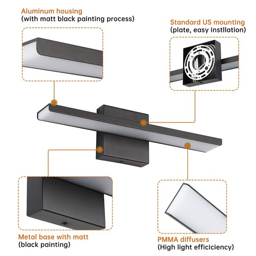 Bathroom Vanity Light Fixtures 16" Inch Long Modern Matte Black Aluminum Wall... - Bild 4 von 7