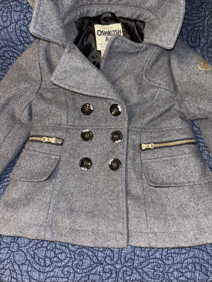 Abrigo elegante OshKosh Bgosh Peacoat 2T gris con botones/oculto de piel a presión forrado con capucha Foto 2 de 4