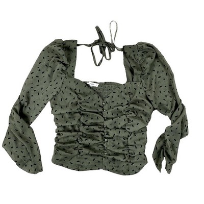 NEW Mine Top Women's Olive Green Gold Thread Square Neck Blouse Size Large