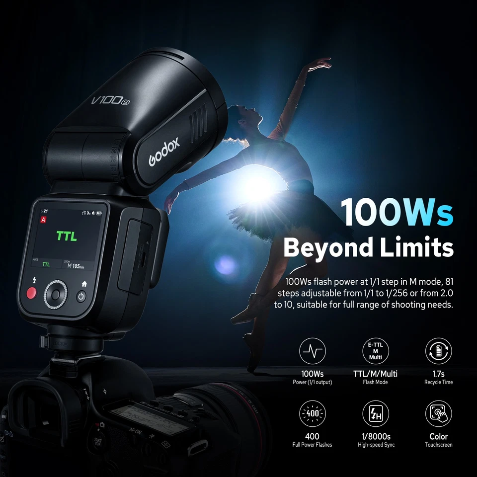 Flash Speedlite para cámara de cabeza redonda Godox V100S V100-S 2.4G TTL para cámaras Sony Foto 2 de 4