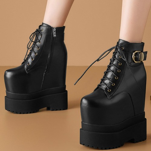 Winter Pumps Chunky Sneakers Women's Black Leather Wedges High Heel Snow Boots - Picture 1 of 13