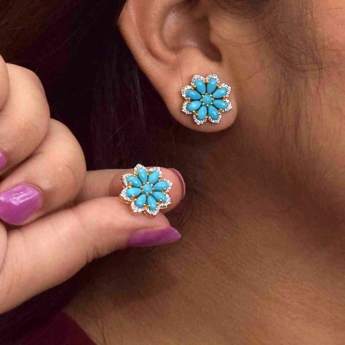 Turquoise Gemstone Diamond Pave Gift Stud Earrings 14K Yellow Gold Fine Jewelry - Picture 4 of 9