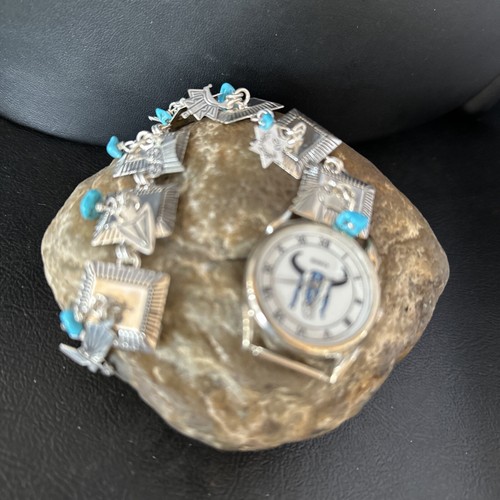 Native Mens Blue Turquoise Wristwatch Sterling Silver Tips Navajo 14397 - Picture 6 of 12