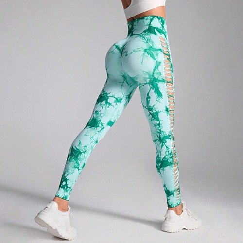 New Women High Waist Workout Soft Yoga Pant Tie-Dye Hollow Yoga Leggings Pants - Picture 9 of 24