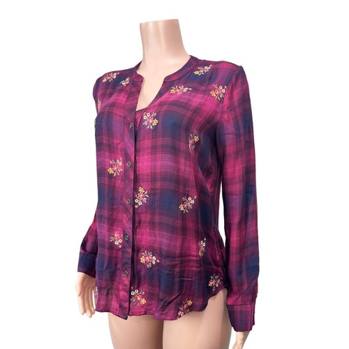Democracy Long Sleeves Embroidered V Neck Button Down Plaid Blouse SZ SMALL Pink - Bild 2 von 12