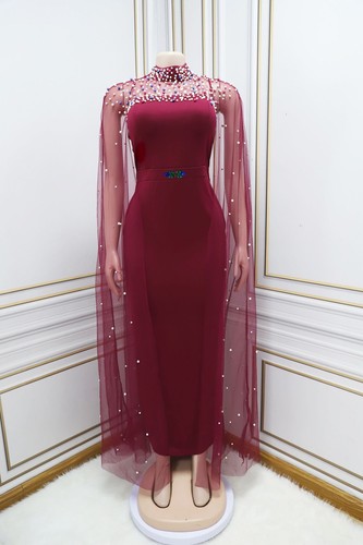 Vestido largo ceñido al cuerpo de noche con cuentas mangas de malla para mujer Abaya Dubai - Imagen 11 de 27