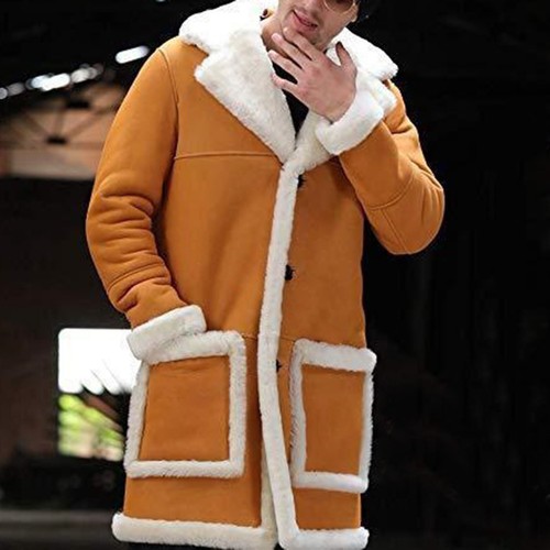 Men Shearling Leather Warm Coat Faux Suede Lined Sheepskin Long Jacket Overcoat - Picture 4 of 16