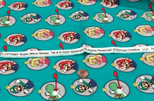 Super Mario & Friends*Badges*on Jade/Teal* Springs Creative*100% Cotton*8" X 22" - Picture 4 of 4