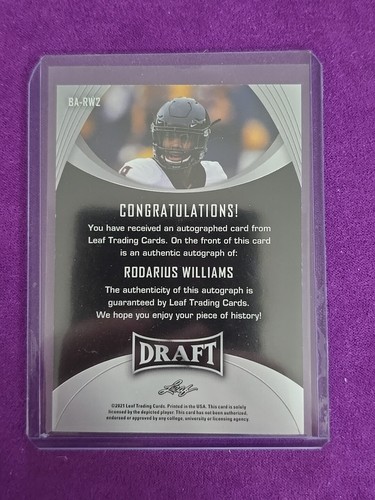 Tarjeta autógrafa de novato Leaf Draft 2021 Rodarius Williams XRC New York Giants  - Imagen 3 de 3