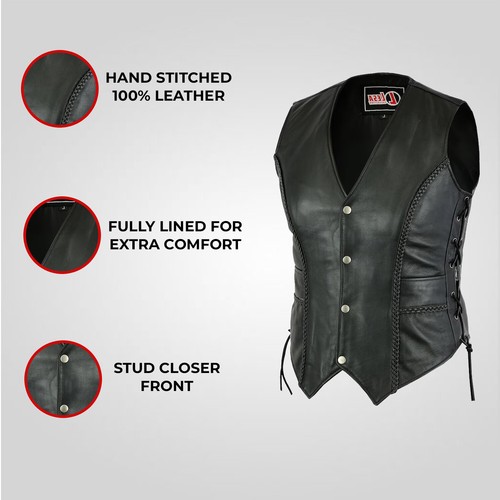 Ladies Real Leather Laced Up Motorcycle Biker Waistcoat Womens Gillette Vest - Picture 7 of 9