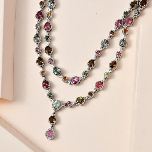 Multi-Tourmaline & White Zircon Necklace 18-20 Inches in Platinum Over Silver - Picture 3 of 6