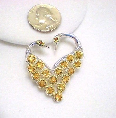Lovers Heart Swan Brooch Natural Citrine Lg Cluster w Garnet 14K on Sterling 925 - Picture 3 of 17