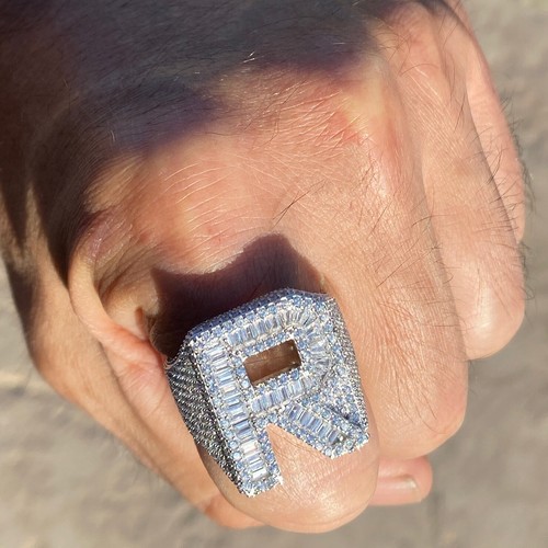 925 Sterling Silver Initial Block Letters Iced Baguette Flooded Out CZ Ring A-Z - Picture 179 of 256