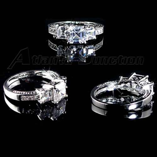PYRAMID CUT_3-STONE_CLEAR CZ ENGAGEMENT RING__ SZ-6__925 STERLING SILVER - NF - Picture 3 of 7