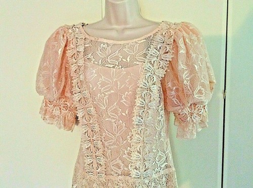 Vintage 90s Pink Lace Puff Sleeve tea length Dress w/slip, sz 10 Orig $350 - Picture 2 of 8