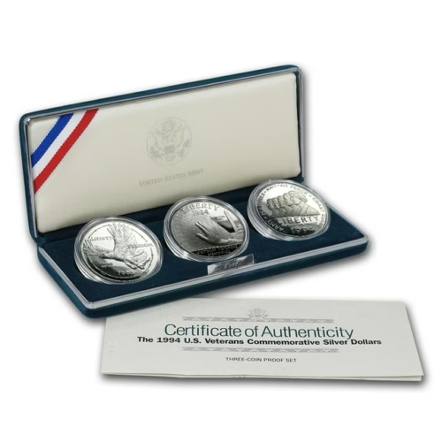 New Listing1994 P Us Veterans 3-Coin Proof Silver Dollar Set w Us Mint Ogp - Box & Coa