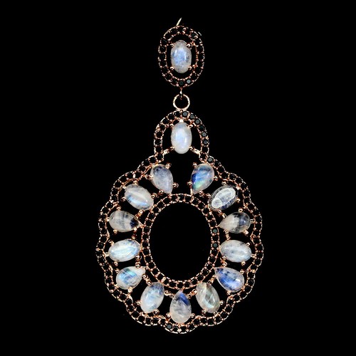 Raritie of Fiery Moonstone & Black Spinel 14K Rose Gold on Sterling Earrings 925 - Picture 9 of 16