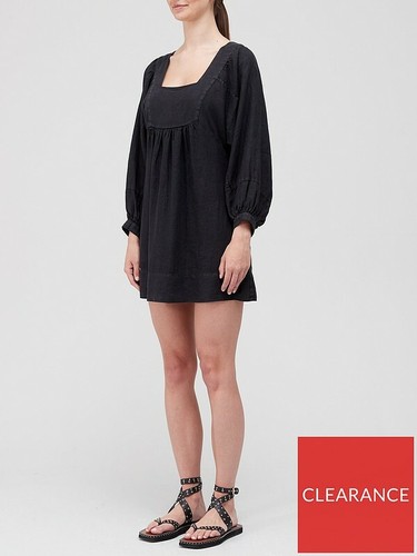 Joie Jade Long Sleeve Square Neck Smock Linen Mini Dress Black Size S RRP £150 - Picture 5 of 5