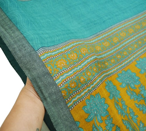 Vintage Green & Mustard Heavy Saree Pure Woolen Woven Printed Indian Sari Soft - Picture 4 of 14