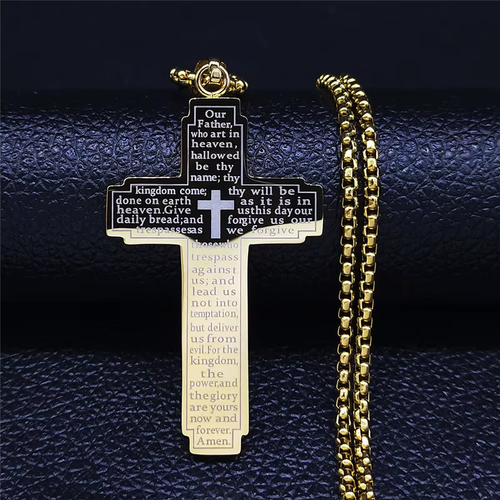 Christian Cross Holy Bible Necklace for Woman Stainless Steel Gold Color Our Fat - Picture 7 of 7